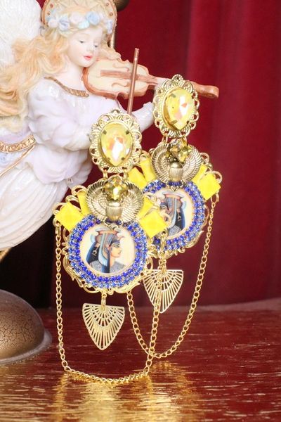 SOLD! 7298 Egyptian RevivalYellow Rhinestone Cameo Earrings