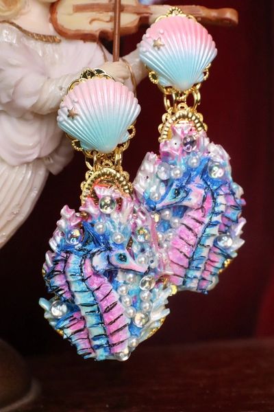 SOLD! 7311 Marine Nautical Seahorse Coral Reef Hand Painted Earrings