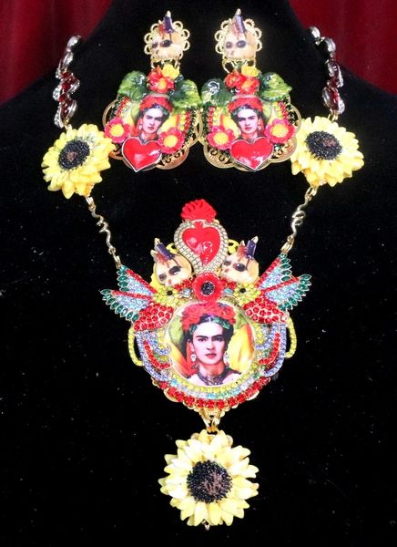 7323 Frida Kahlo Sacred Heart Hand Painted Sunflower Birds Necklace