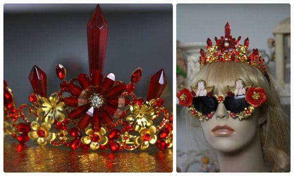 876 Runway Baroque Red Flower Crystal Elegant Tiara Head Piece Crown