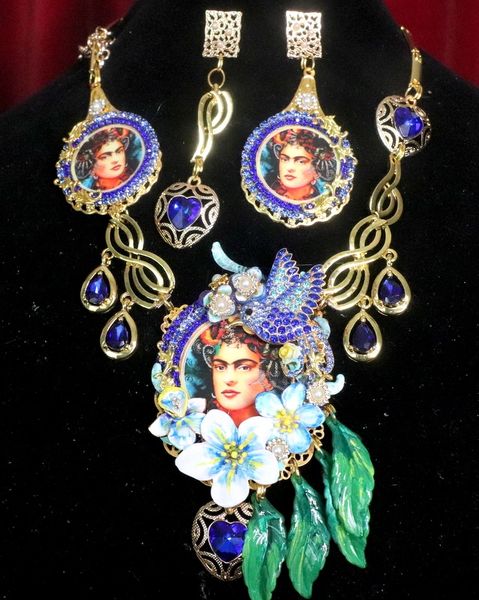 SOLD! 7338 Set Of Frida Kahlo Blue Bird Rhinestones Necklace+ Earrings