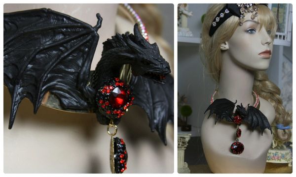SOLD!877 Unusual Unisex 3 D Effect Black Dragon Red Crystal Necklace