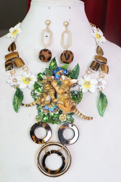 7348 Set Of Art Jewelry Vivid Tiger Cubs Hand Painted Necklace+ Earrings