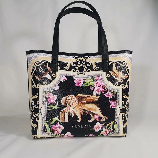 7423 Baroque Designer Inspired Lion Flower Print Beach PU Handbag