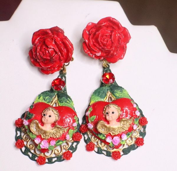 7437 Baroque Hand Painted Red Heart Roses Massive Earrings Studs