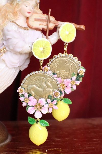 SOLD! 7440 Baroque Runway Lemon Flower Blossom Roman Coin Studs Earrings