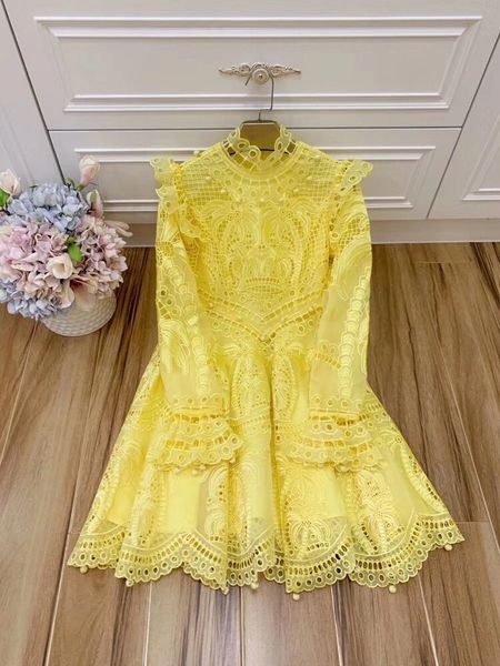 7448 High-End 100% Cotton Runway 2020 Cut Out Yellow Mini Dress