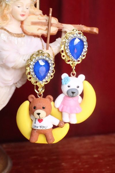 SOLD! 7472 Art Jewelry Adorable Teddy Bear On A Moon Irregular Studs Earrings