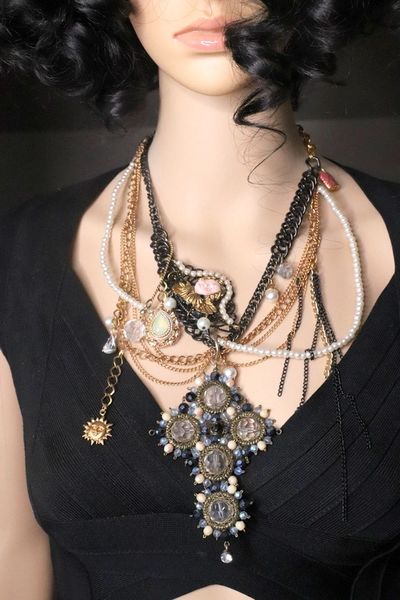 SOLD! 157 Baroque Designer Inspired Cherub Wired Crystal Cross Irregular Statement Necklace