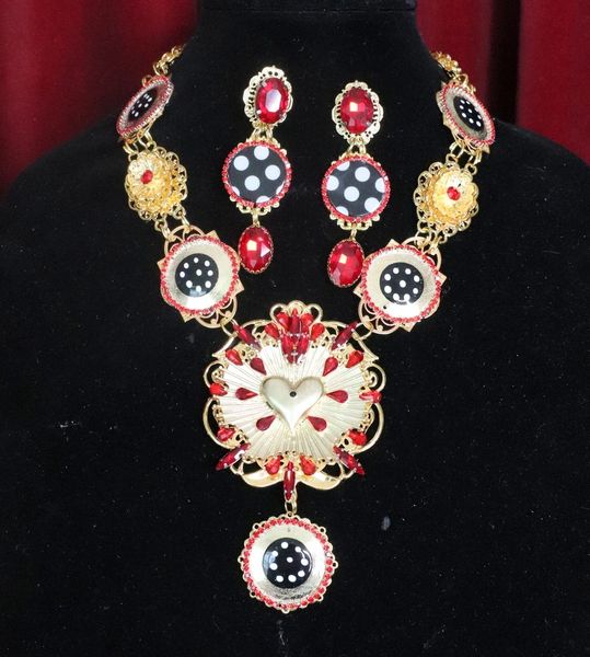 SOLD! 7481 Set Of Baroque Sacred Heart Runway Polka Dot Statement Necklace+ Earrings