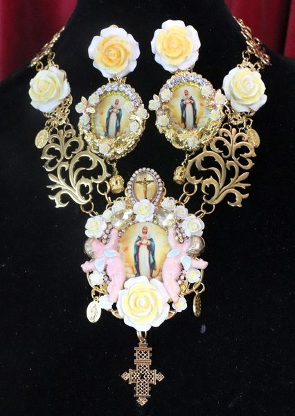 7501 Virgin Mary Yellow Rose Cherubs Angels Elegant Necklace