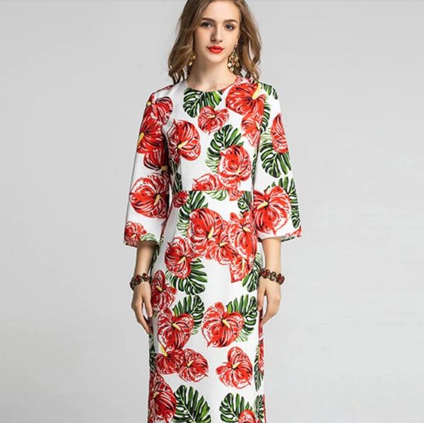 7525 Designer Inspired Runway Flower Palm Tree Print Midi White Dress