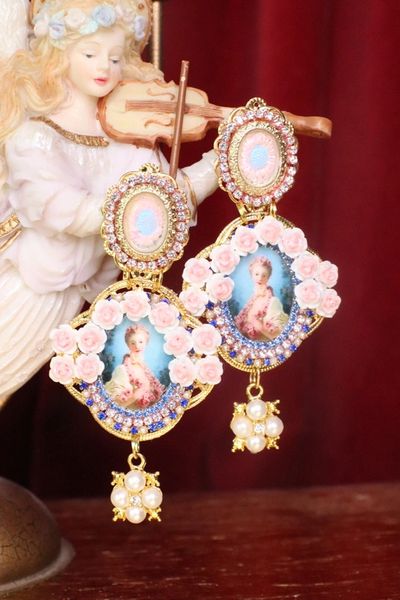 SOLD! 7535 Young Marie Antoinette Blue Small Roses Cameo Elegant Earrings