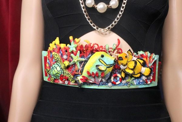 SOLD! 7548 Art Jewelry Nautical Hand Painted Fish Coral Reef Waist Belt Size S, L, M