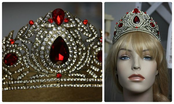 899 Royal Baroque Runway Tall Red Crystal Clear Crown Tiara