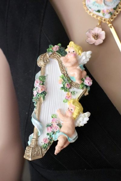 SOLD! 7566 Rococo Hand Painted Harp Angels Cherubs Huge Stunning Brooch