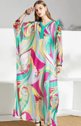 7578 2 Colors Designer Inspired Runway Abstract Print Caftan Maxi Dress