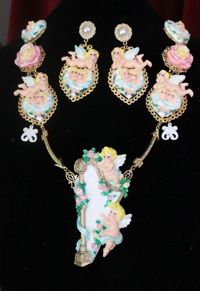 7583 Set Of Rococo Hand Painted Cherubs Angels Harp Massive Necklace+ Earrings
