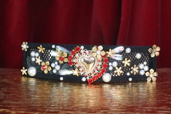 SOLD! 222 Baroque Runway Designer Inspired Heart Crystal Pearl Lace Waist Gold Mesh Belt Size L, M