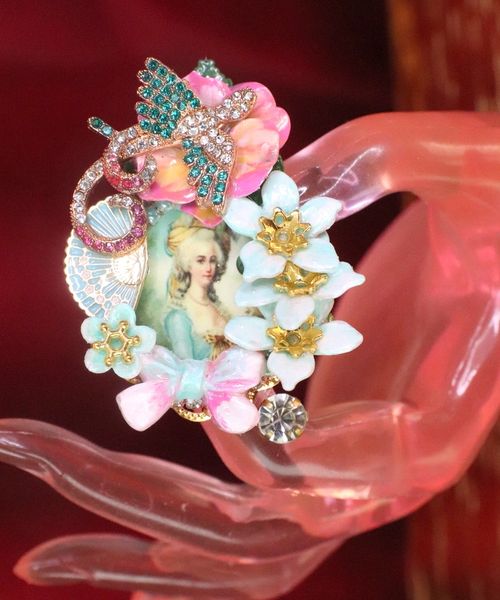 7602 Young Marie Antoinette Hand Painted Bird Aqua Cocktail Adjustable Ring