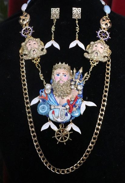 SOLD! 7628 Art Jewelry Set Of Mythological Poseidon Neptun Opal Agate Necklace+ Earrings