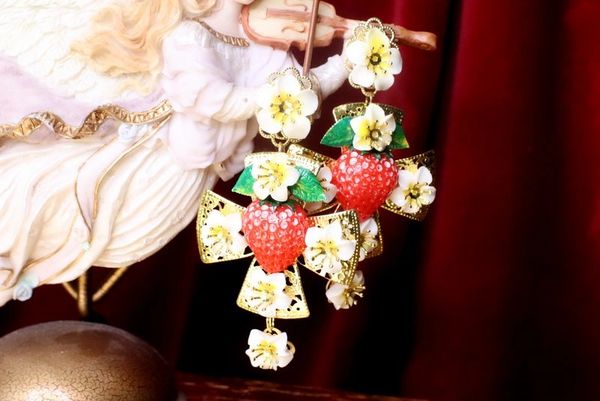 SOLD! 7633 Baroque Hand Painted Strawberry Cross Leaf Earrings