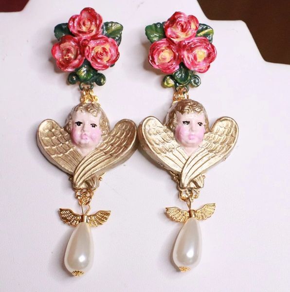 SOLD! 7660 Hand Painted Baroque Cherubs Roses Pearl Statement Earrings