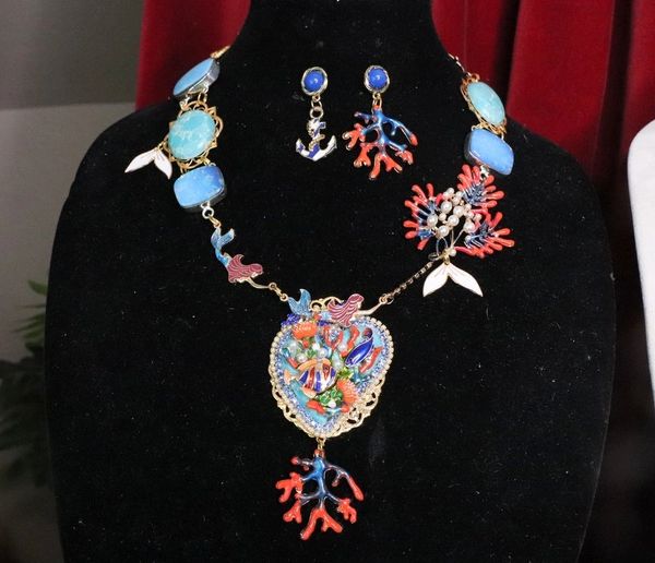 7694 Set Of Nautical Genuine Opal Larimar Mermaid Gemstones Reef Necklace+ Earrings