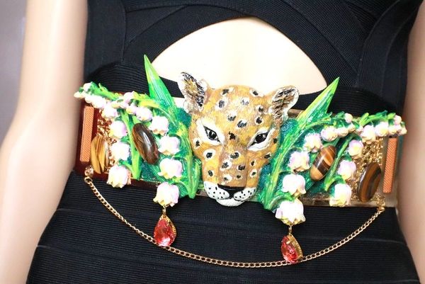 SOLD! 7705 Baroque Leopard Animal Lily Of The Valley Embellished Waist Gold Belt Size S, L, M