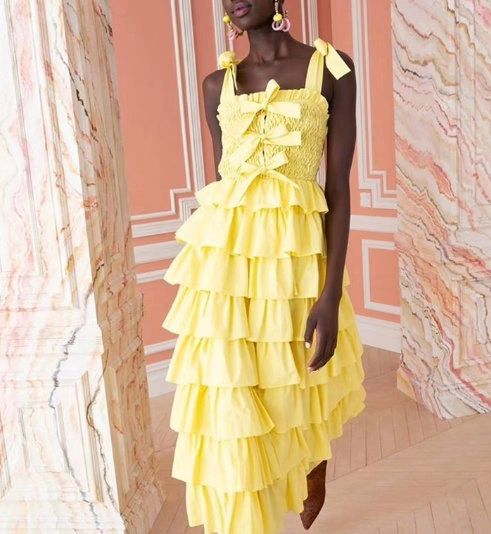 7717 Designer Inspired Runway Layered Bows Yellow Midi Dress