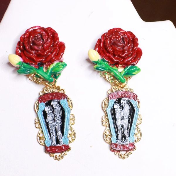 SOLD! 7718 Forever And Ever Goth Enamel Skeletons Rose Earrings