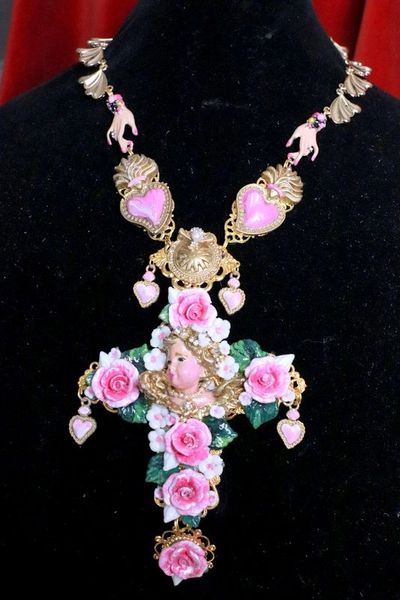 SOLD! 7722 Baroque Vivid Chubby Cherub Roses Pink Sacred Hearts Cross Pendant