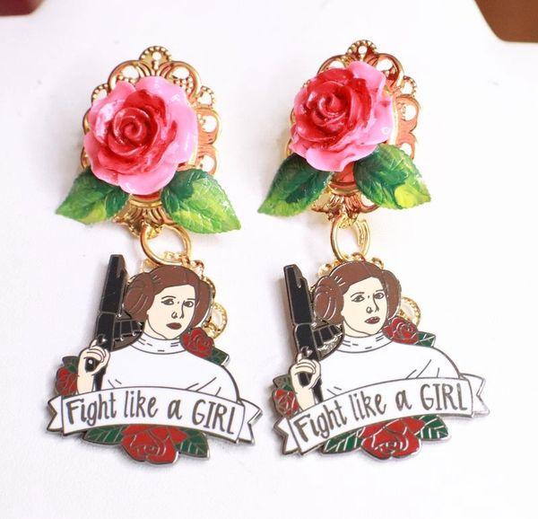 SOLD! 7746 Enamel Fight Like A Girl Earrings Studs