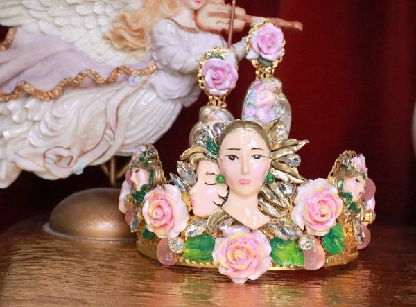 7785 Art Nouveau Faces Roses Unusual Hand Painted Crown