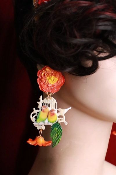 SOLD! 7794 Art Nouveau Love Birds Parrots Bright White Cage Unusual Earrings