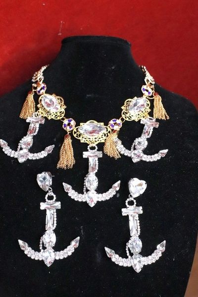 7803 Set Of Nautical Massive Rhinestone Anchors Necklace+ Earrings
