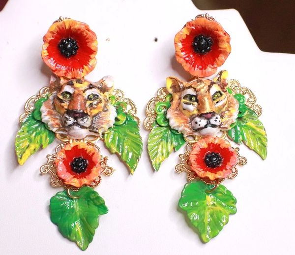 SOLD! 7857 Baroque Tiger Flowers Hand Painted Statement Earrings