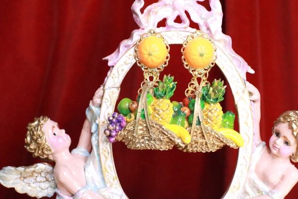 SOLD! 7858 Baroque Picnic Basket Fruits Hand Painted Studs Earrings