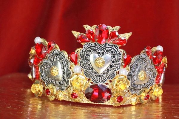 SOLD! 7890 Baroque Silver Sacred Hearts Crown Tall Headband