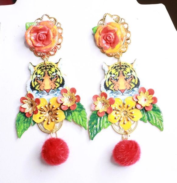 SOLD! 7920 Baroque Tiger Flowers Hand Painted Statement Earrings