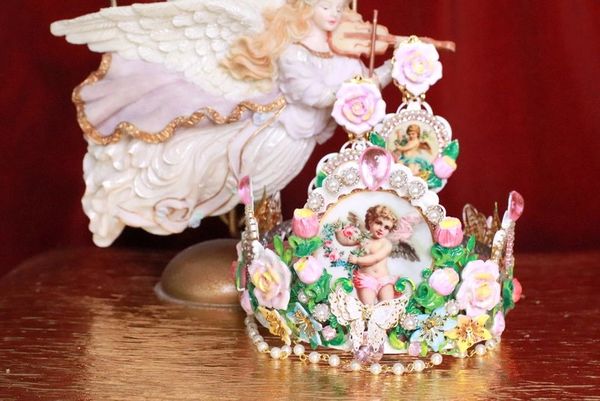 7928 Set Of Rococo Bridal Cherubs Angels Cameos Crown Tall Headband+ Earrings