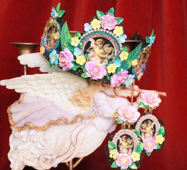 7929 Set Of Rococo Bridal Black Cherubs Angels Cameos Crown Tall Headband+ Earrings