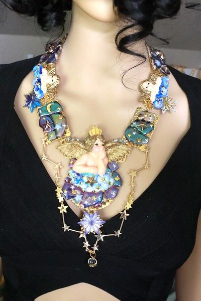 7964 Set Hand Painted Baroque Raphael Cherub Stars Moon Massive Necklace+ Earrings