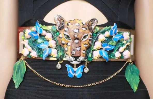 SOLD! 7968 Baroque Leopard Animal Lily Of The Valley Embellished Waist Gold Belt Size S, L, M