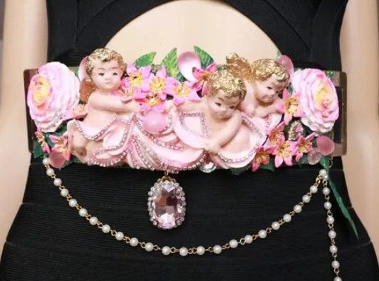 SOLD! 7966 Baroque Vintage Hand Painted Cherubs Angels Embellished Waist Gold Belt Size S, L, M