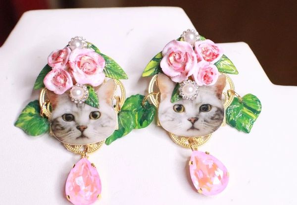 SOLD! 7974 Baroque Cat In Roses Pink Earrings