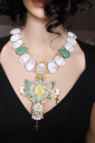 7984 Baroque Jesus Genuine Jasper Turquoise Mother Of Pearls Huge Cross Necklace