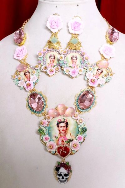 SOLD! 7995 Set Of Frida Kahlo Pastel Mint Roses Necklace+ Earrings