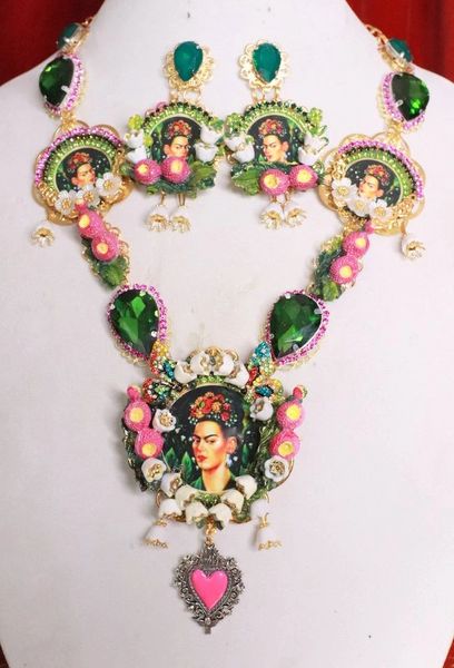 SOLD! 7997 Set Of Frida Kahlo Pastel Lily Of The Valley Necklace+ Earrings