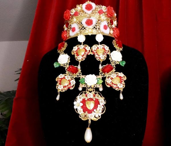 SOLD! 8011 Set Of Baroque Sacred Heart Flower Blossom Statement Necklace+ Earrings